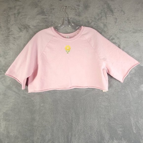 BP. Womens Crop Top Pink Raglan Sleeve Stretch Flower Embroidered‎ Knit M New - Picture 1 of 8